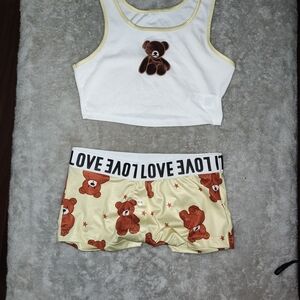 White & Yellow Teddy Crop Tank and Cream Teddy-Print Boxer Set